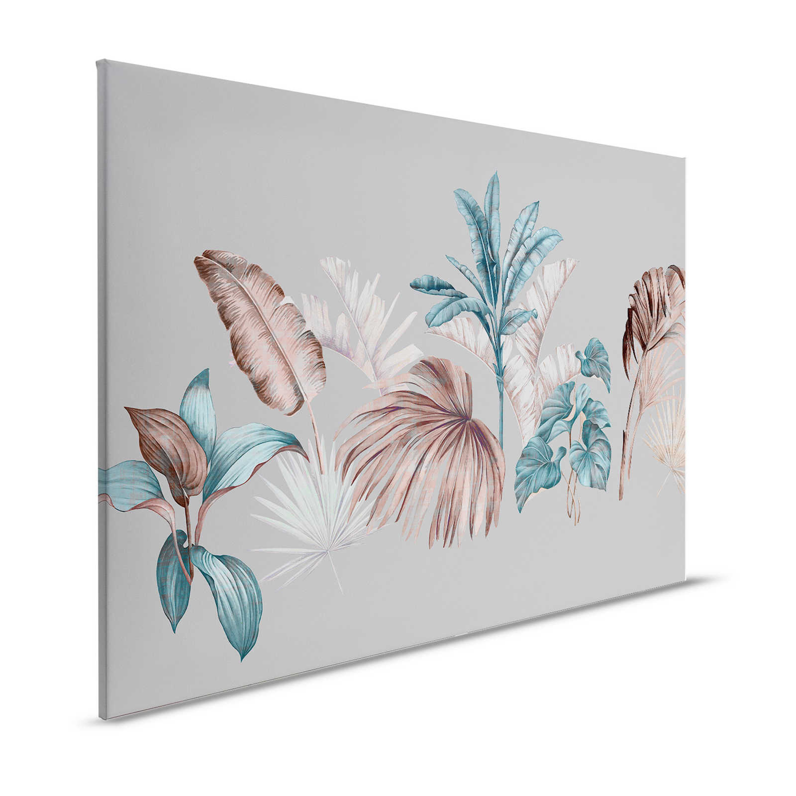 Brasilia 1 - Grey Canvas Painting Tropical Leaves in Petrol & Copper - 1.20 m x 0.80 m
