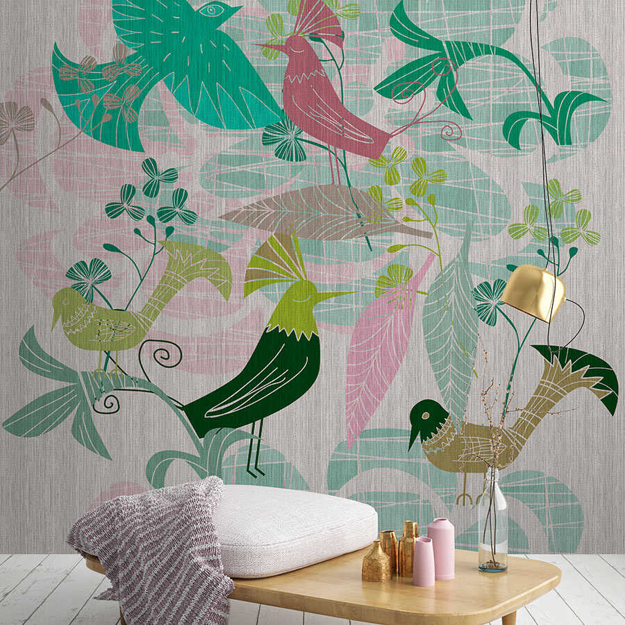 Birdland 3 - Papel pintado con motivos de pájaros verdes y rosas de estilo retro
