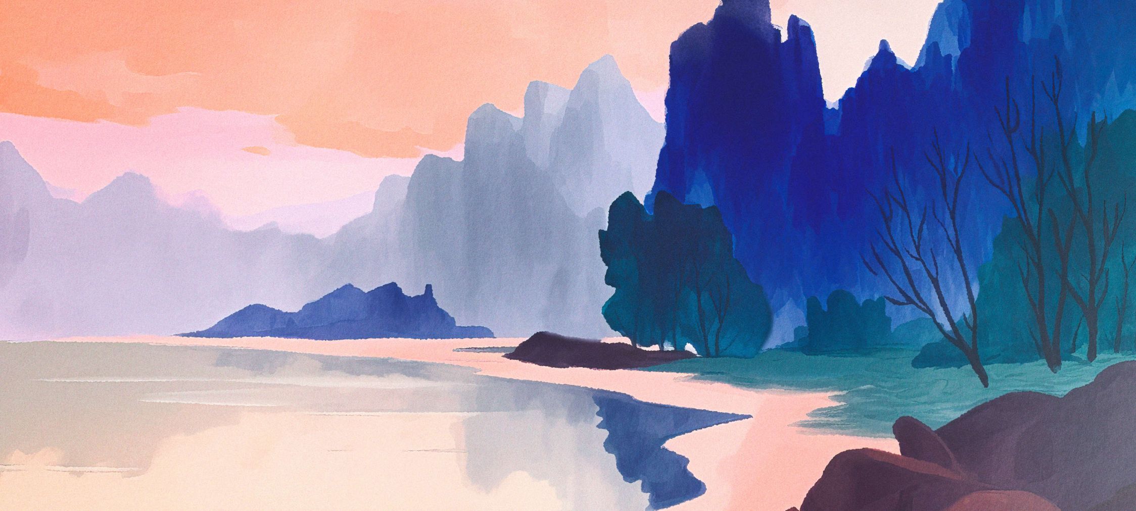            Fotomurali »aurora« - Paesaggio con lago al tramonto - Blu, Rosa | Materiali non tessuto premium liscio e leggermente lucido
        