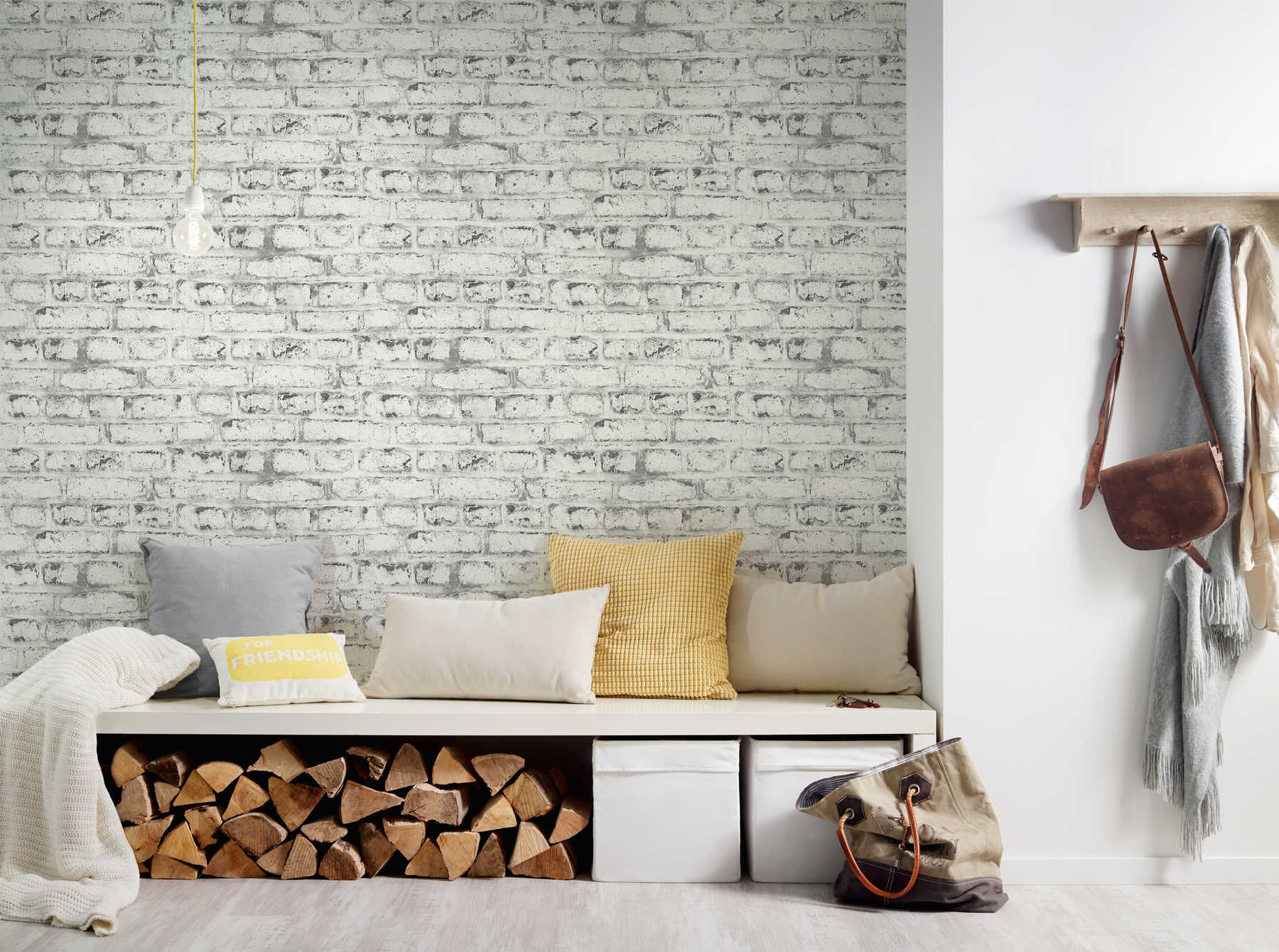             Steenbehang witte bakstenen muur, industriële stijl - wit, grijs
        