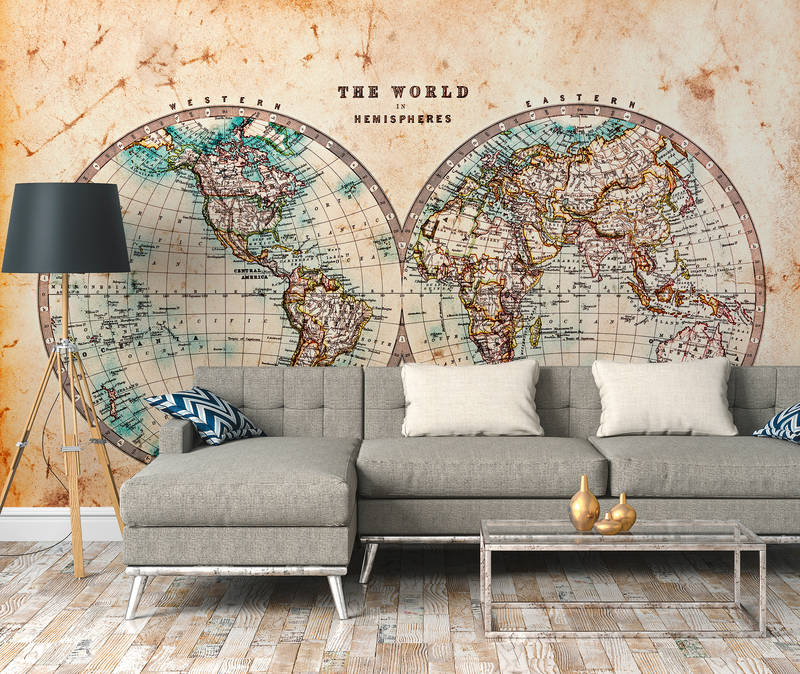             Vintage world map in hemispheres - brown, beige, blue
        
