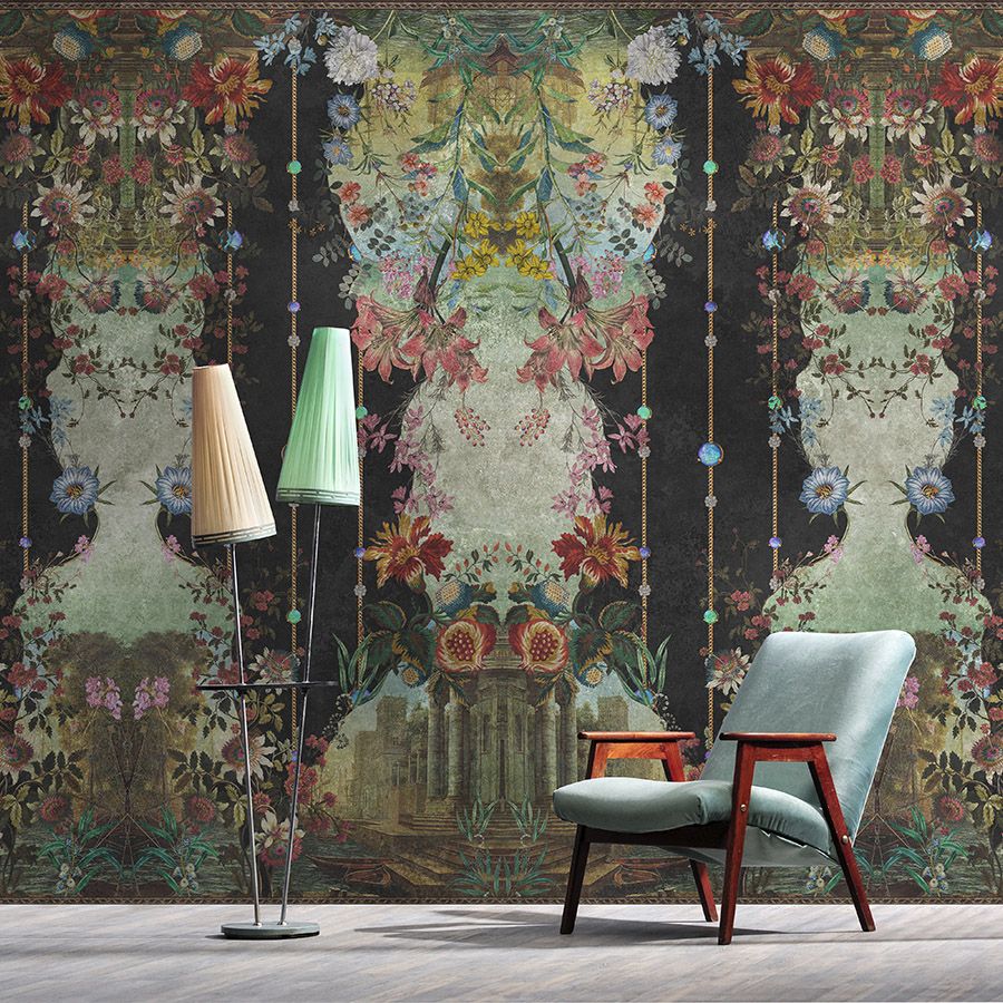 Photo wallpaper »ophelia« - Ornamental panelling with floral design on vintage plaster texture - Matt, smooth non-woven fabric
