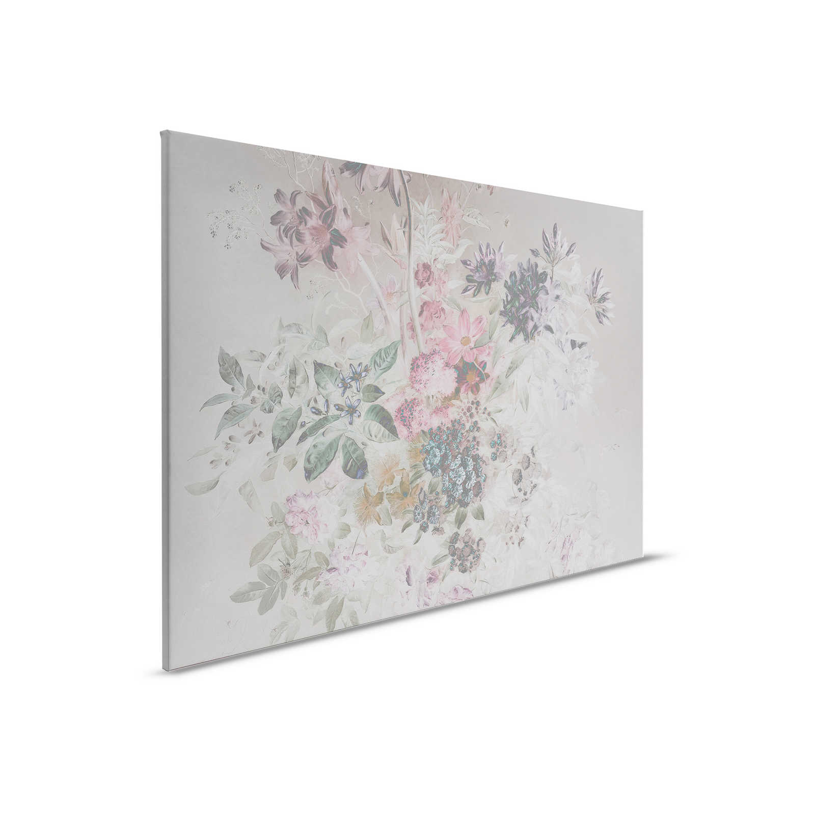 Bloemrijk canvas schilderij met pastel design | roze, grijs - 0.90 m x 0.60 m

