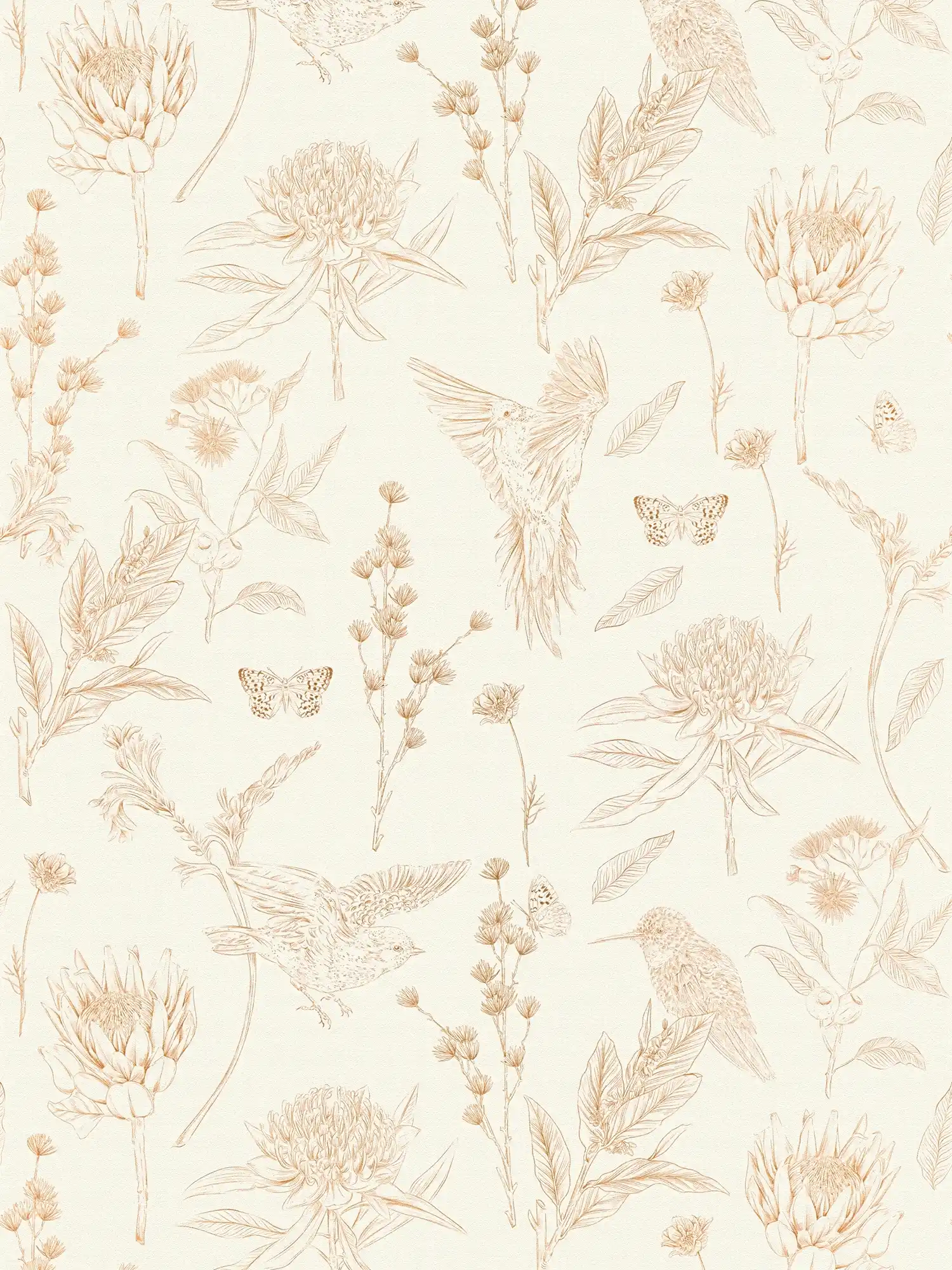 papier peint en papier floral avec feuilles & animaux structuré mat - blanc, marron, beige

