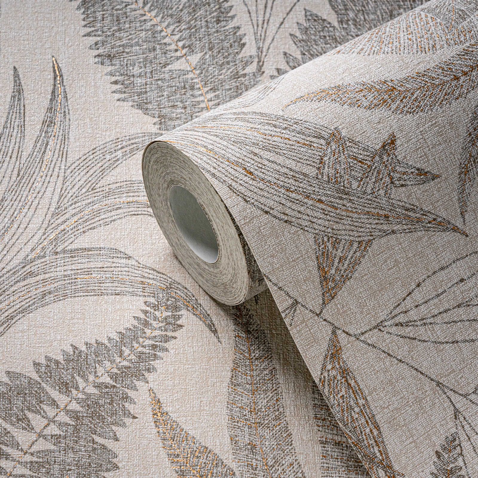             Non-woven wallpaper with large leaf pattern, lightly textured - beige, gold
        
