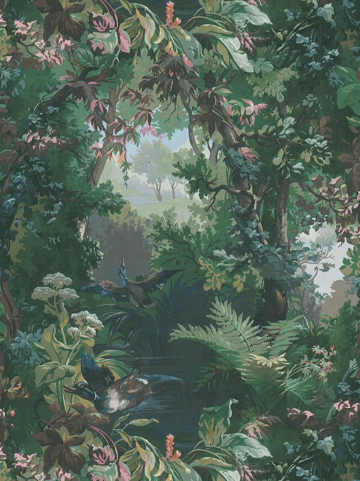 Behang met jachtmotief, bos & eenden - groen, blauw, roze
