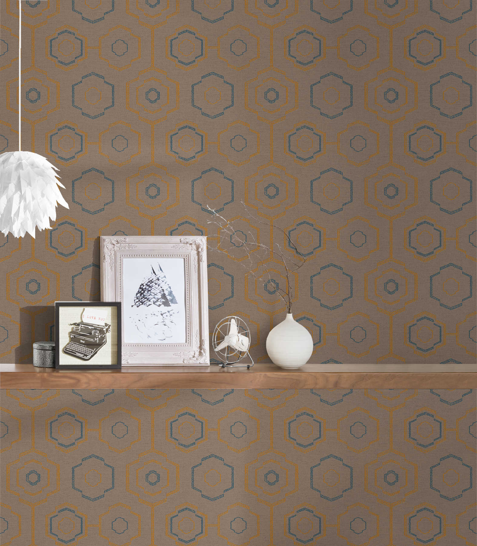             Wallpaper indigenous textile pattern with geometric design - brown, blue, orange
        
