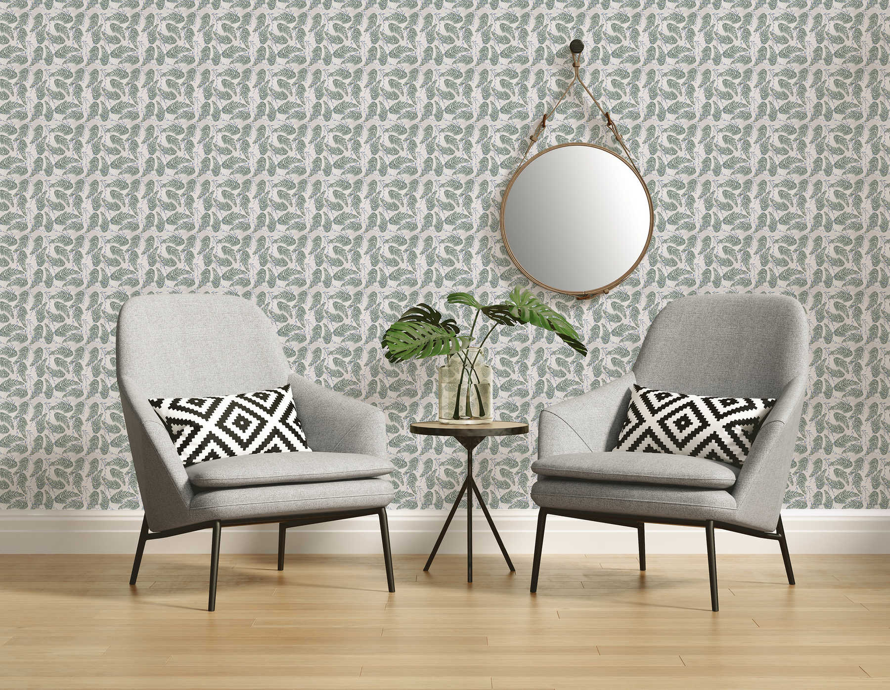             Design wall mural with floral pattern in grey and green on matte smooth non-woven
        