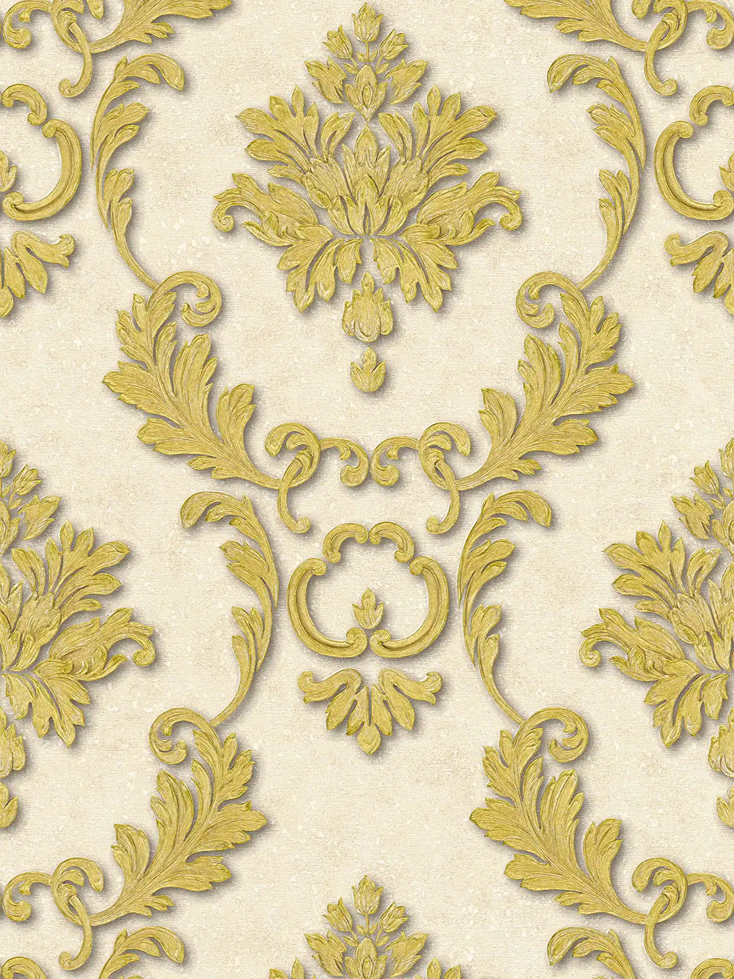 Papel pintado de diseño con adornos florales y efecto metálico - crema, oro
