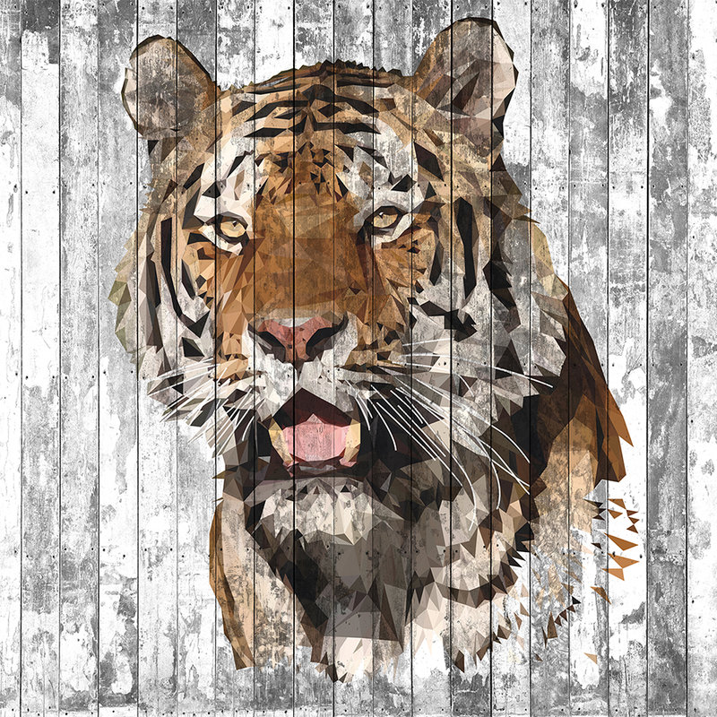         Tiger mural in polygon style for youth room - brown, grey, white
    