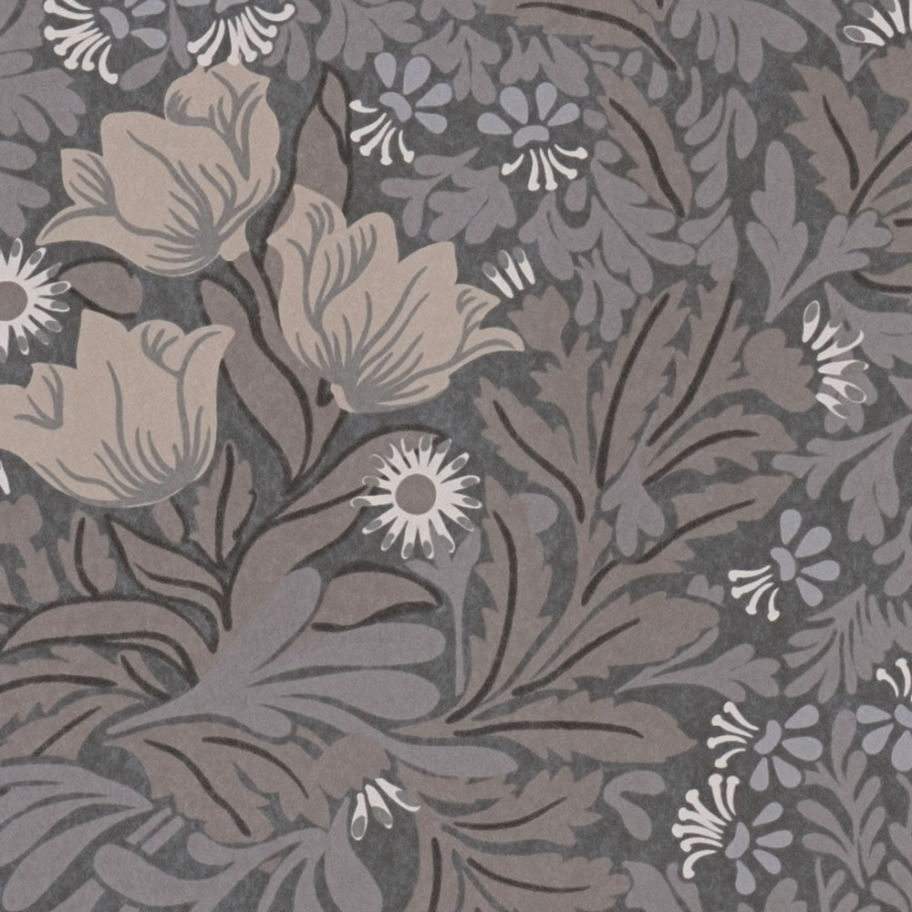             Floral wallpaper with various flowers and vines - grey , beige, brown
        
