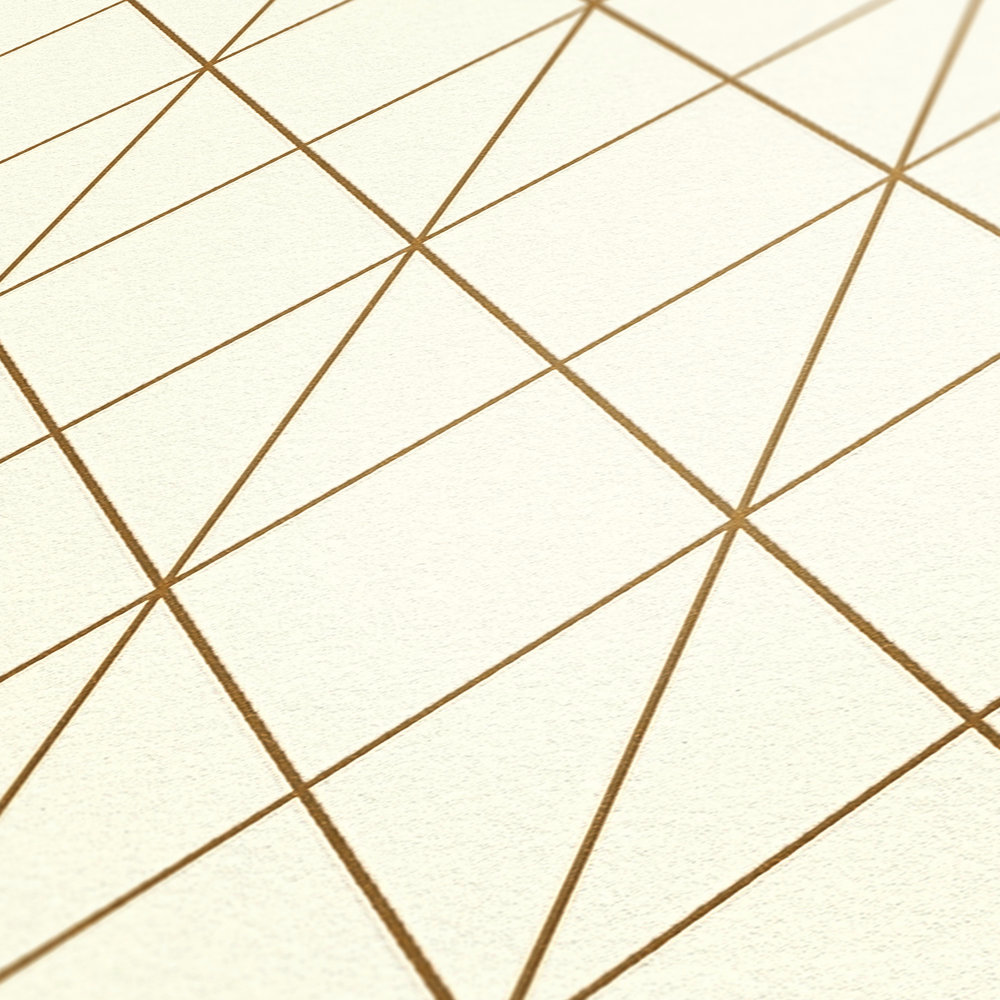             Non-woven wallpaper with golden line pattern & diamond design - cream
        