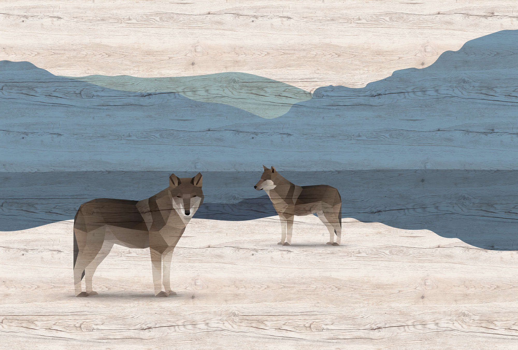             Yukon 1 - Fotomural Montañas y perros con textura de madera
        