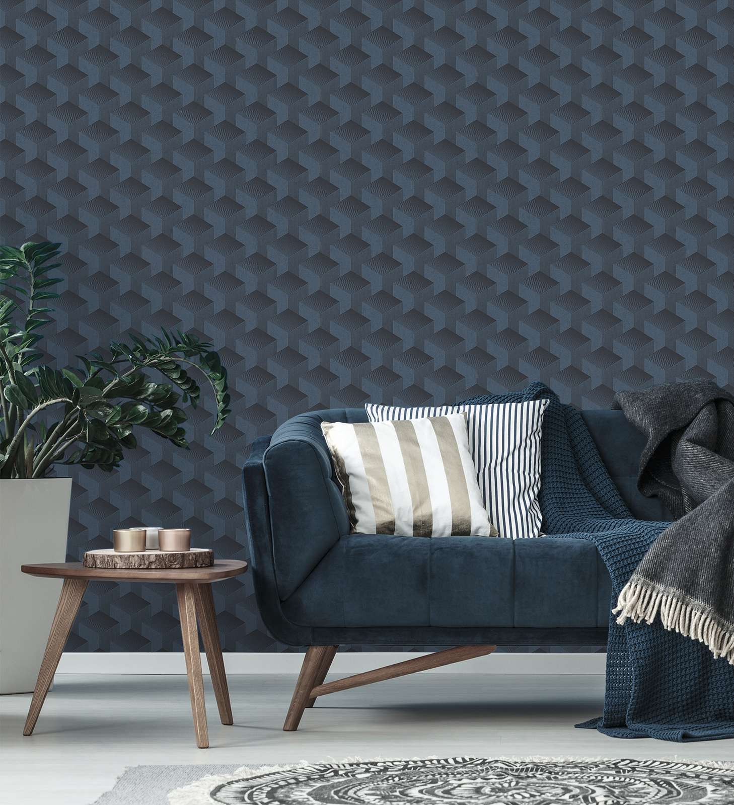            Grafisch behang met patroon in 3D mat - blauw, zwart
        