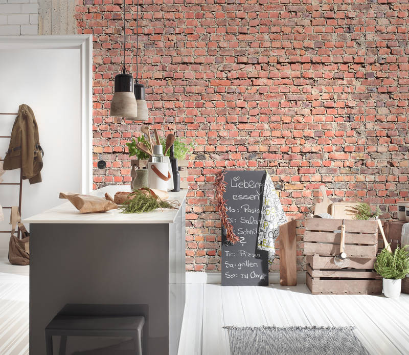             Photo wallpaper with red clinker bricks and exposed concrete columns
        