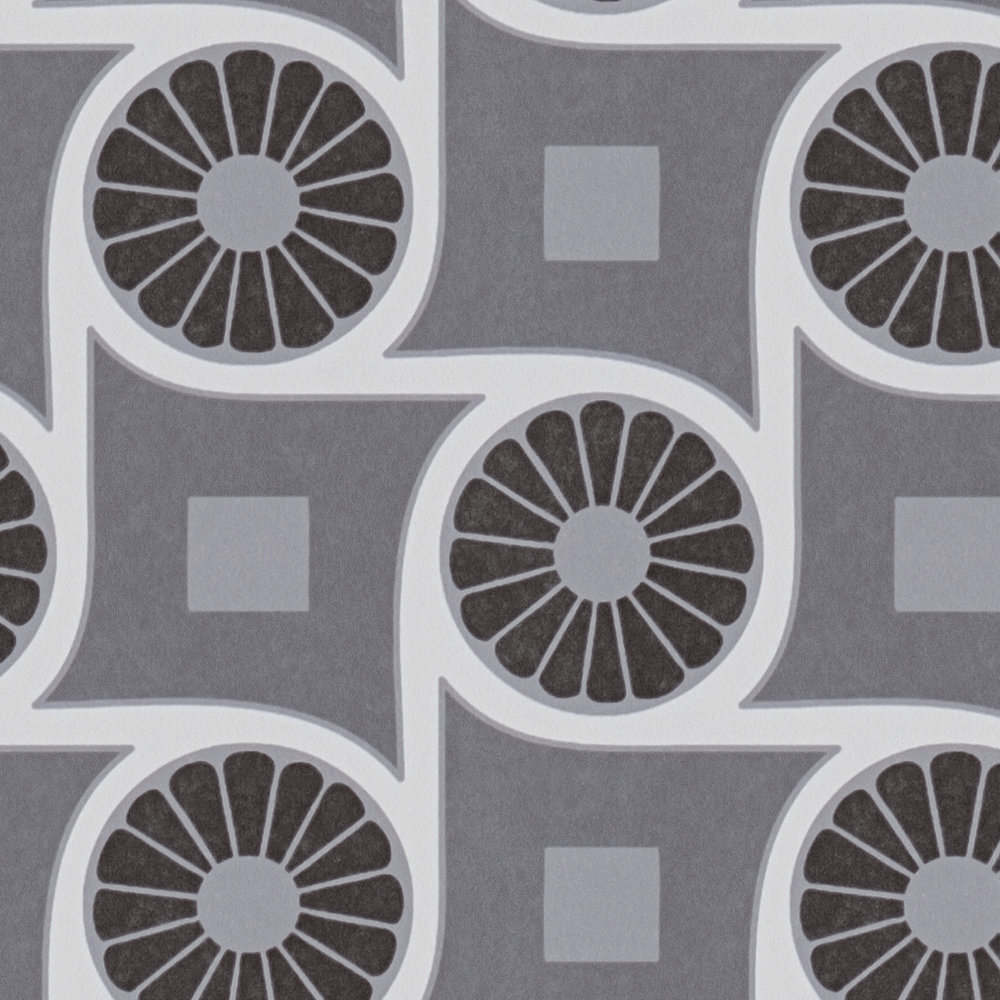             Retro style wallpaper with circle pattern and squares - grey, white, black
        