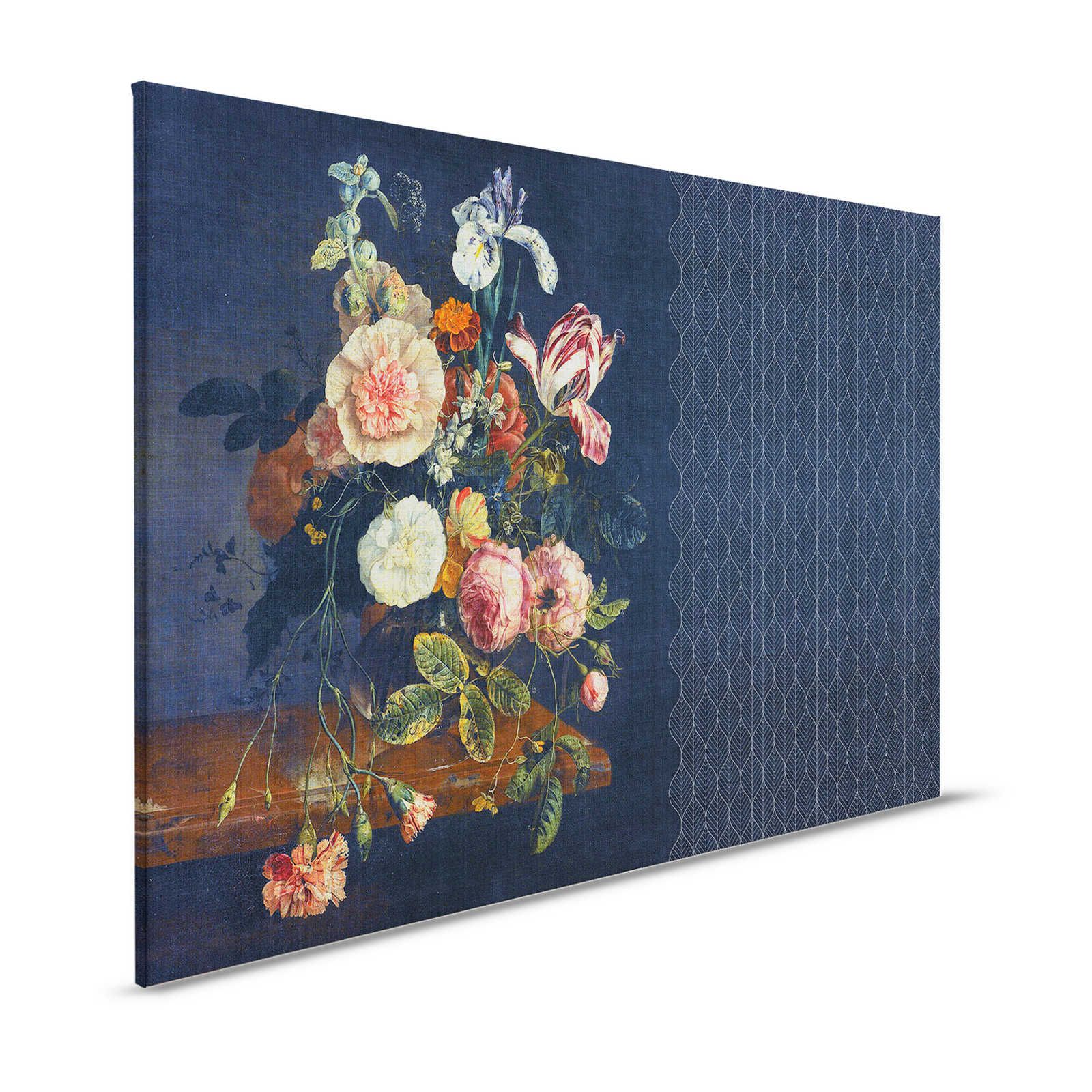 Cortina 2 - Lienzo azul oscuro motivo Art Déco con ramo de flores - 1,20 m x 0,80 m
