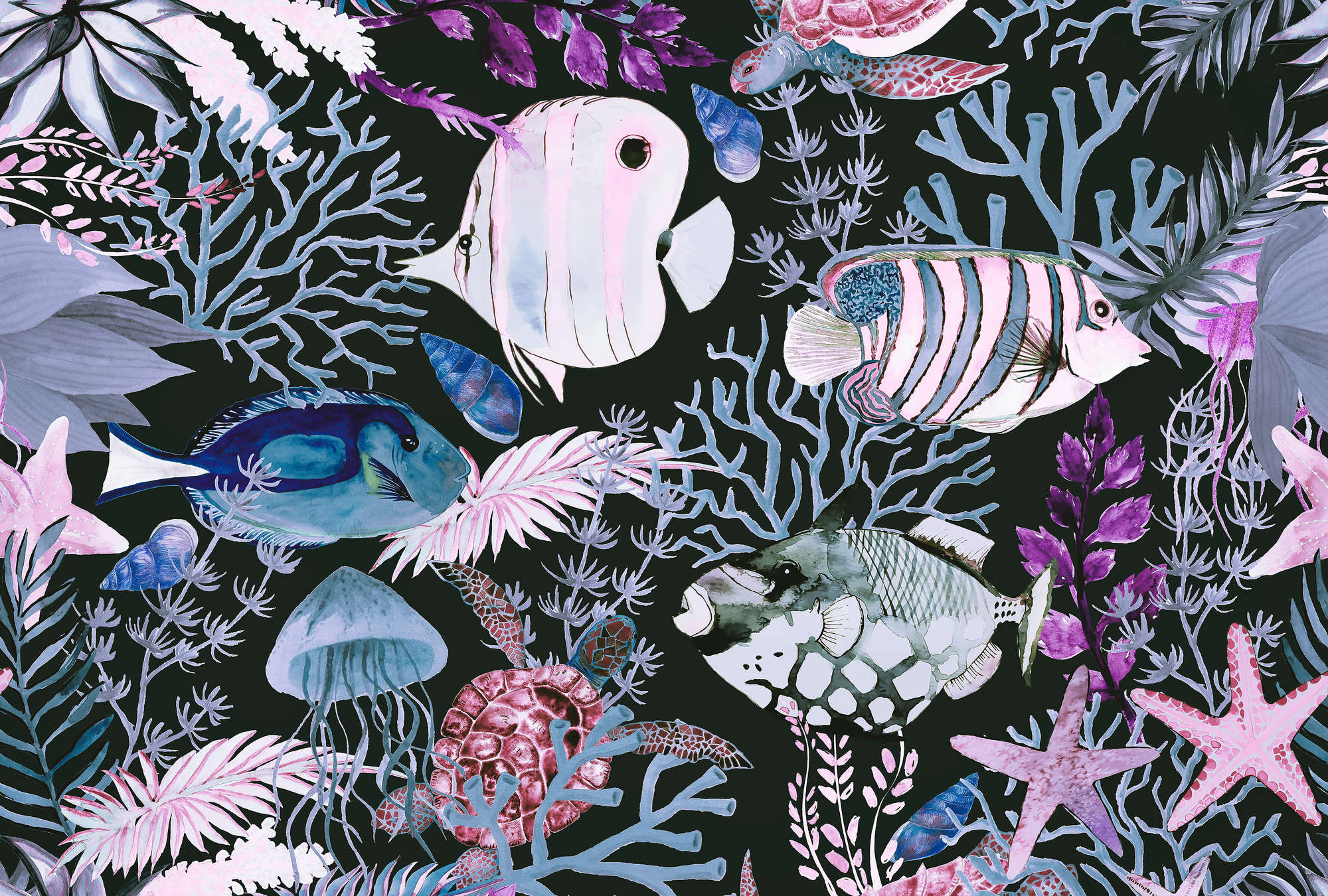             Onderwaterbehang met vissen en koralen in aquarelstijl
        
