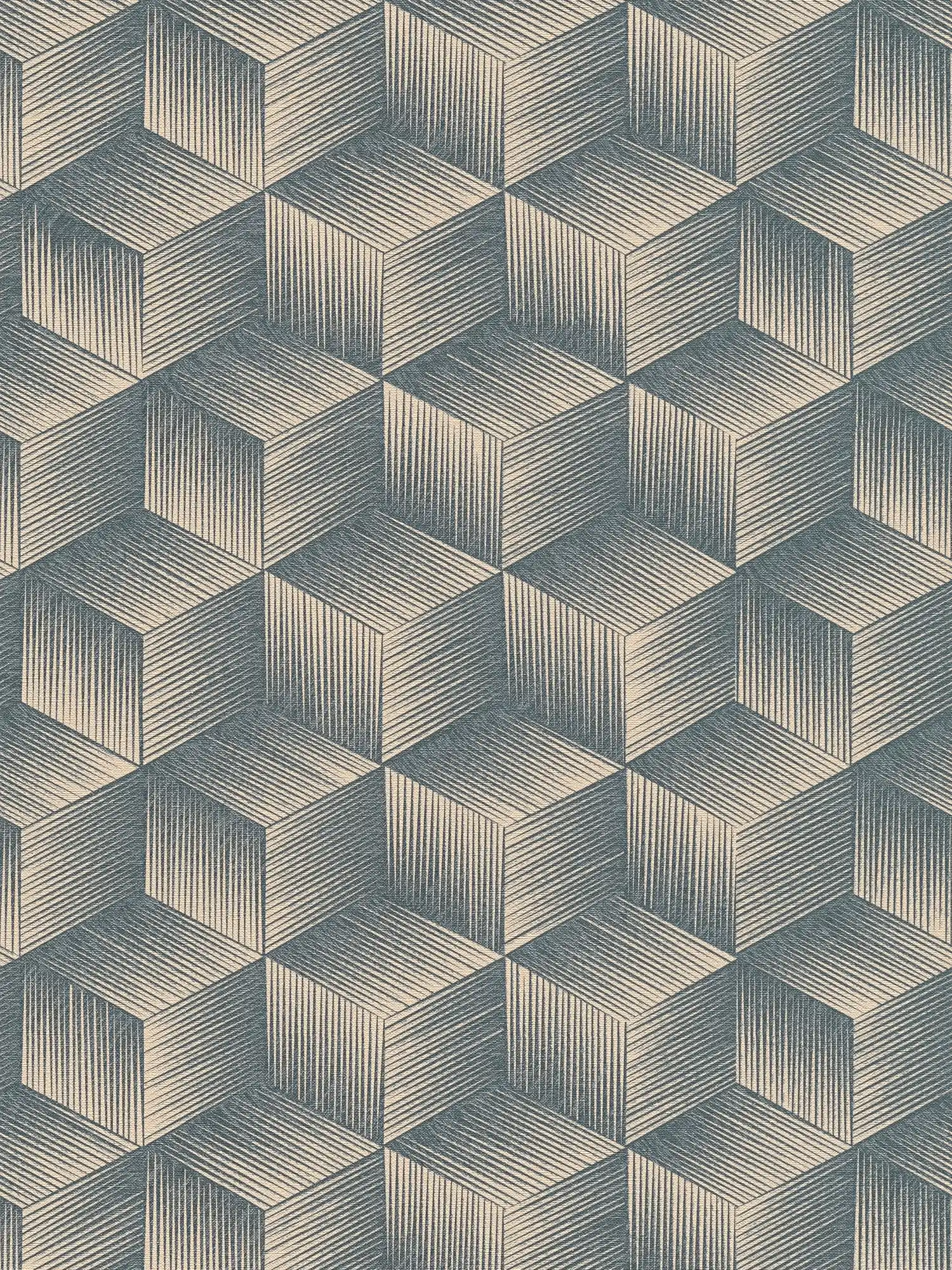 Non-woven wallpaper with cube pattern 3D-optics PVC-free - blue, beige
