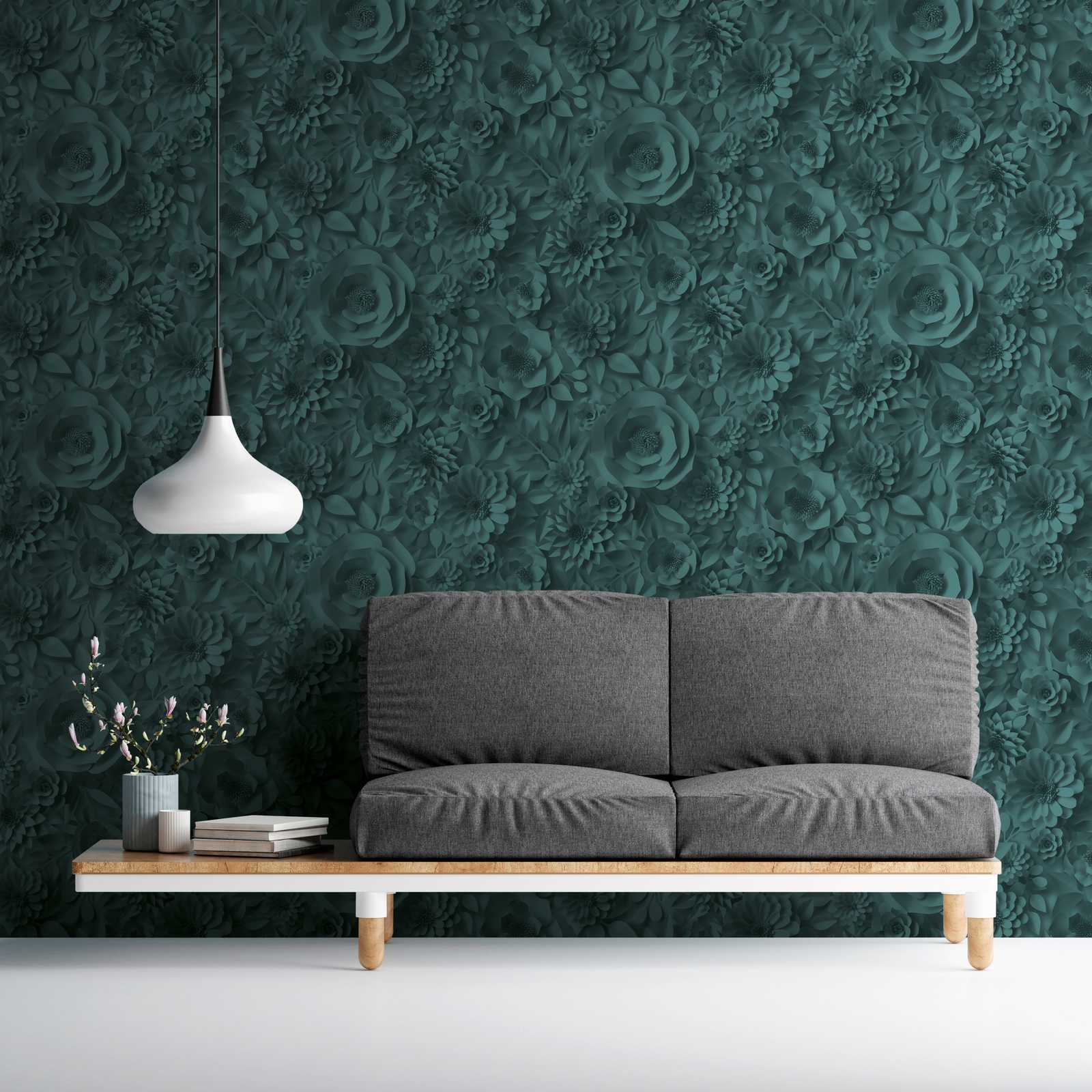             3D wallpaper with paper flowers, graphic floral pattern - green
        
