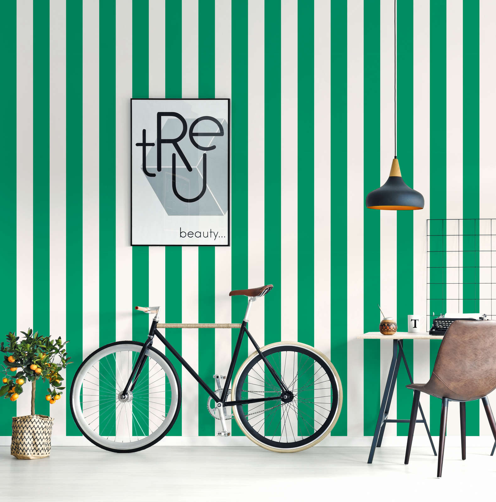             Striped wallpaper with light structure - green, white
        