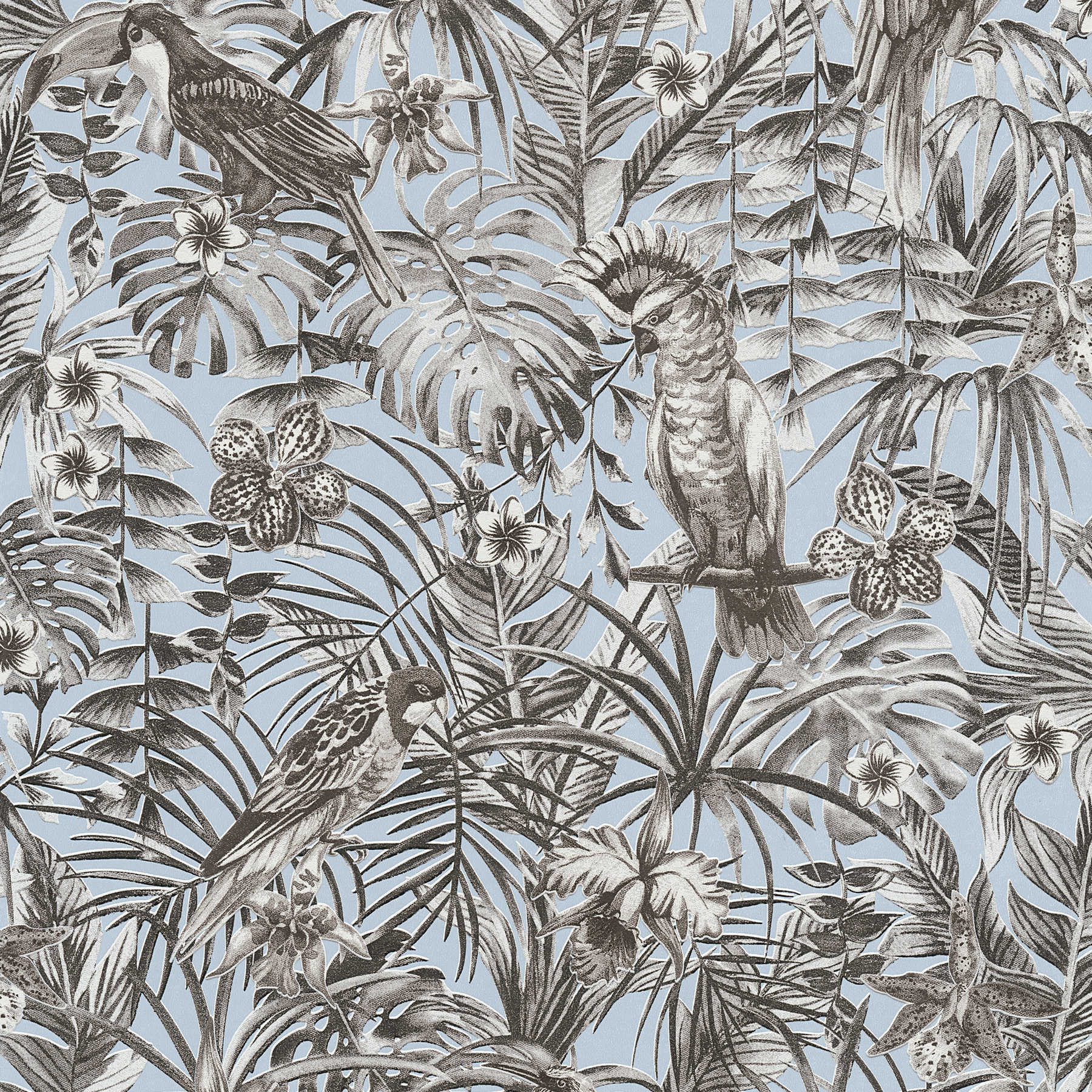 Exotic wallpaper tropical birds, flowers & leaves - grey, blue, white
