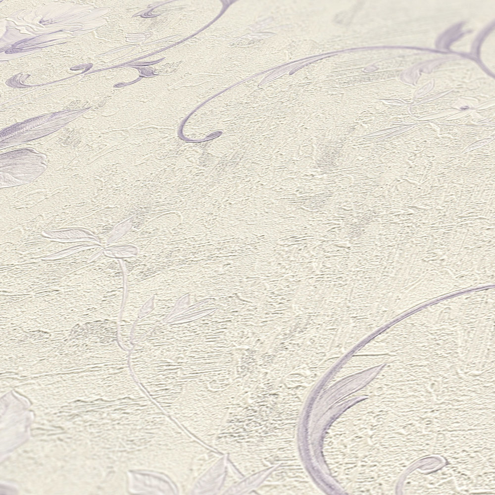             Wallpaper rose pattern & leaf tendrils - cream, metallic, purple
        