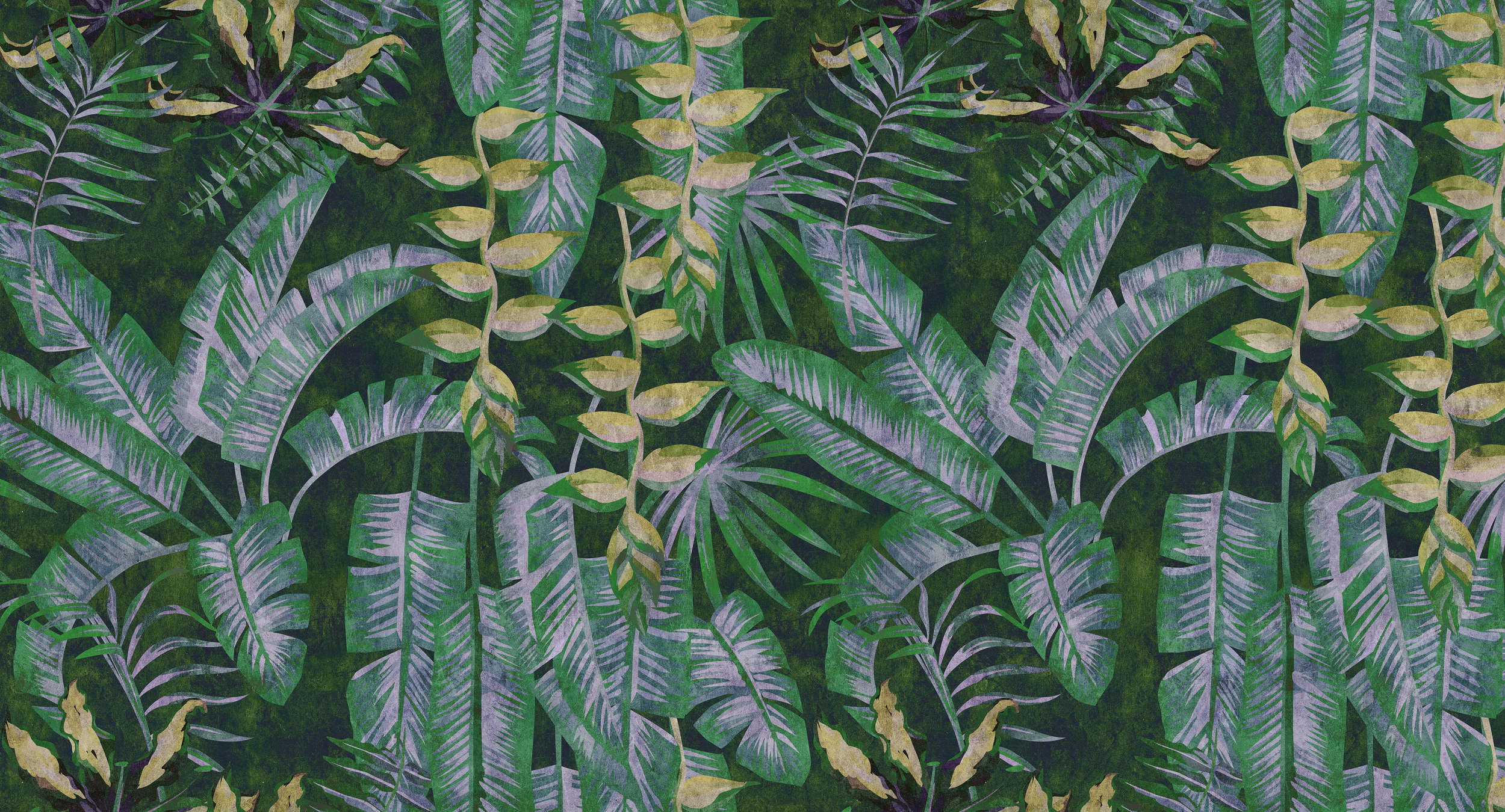             Tropicana 2 - digitaal printbehang met tropische planten in vloeipapierstructuur - geel, groen | parelmoer glad vlies
        