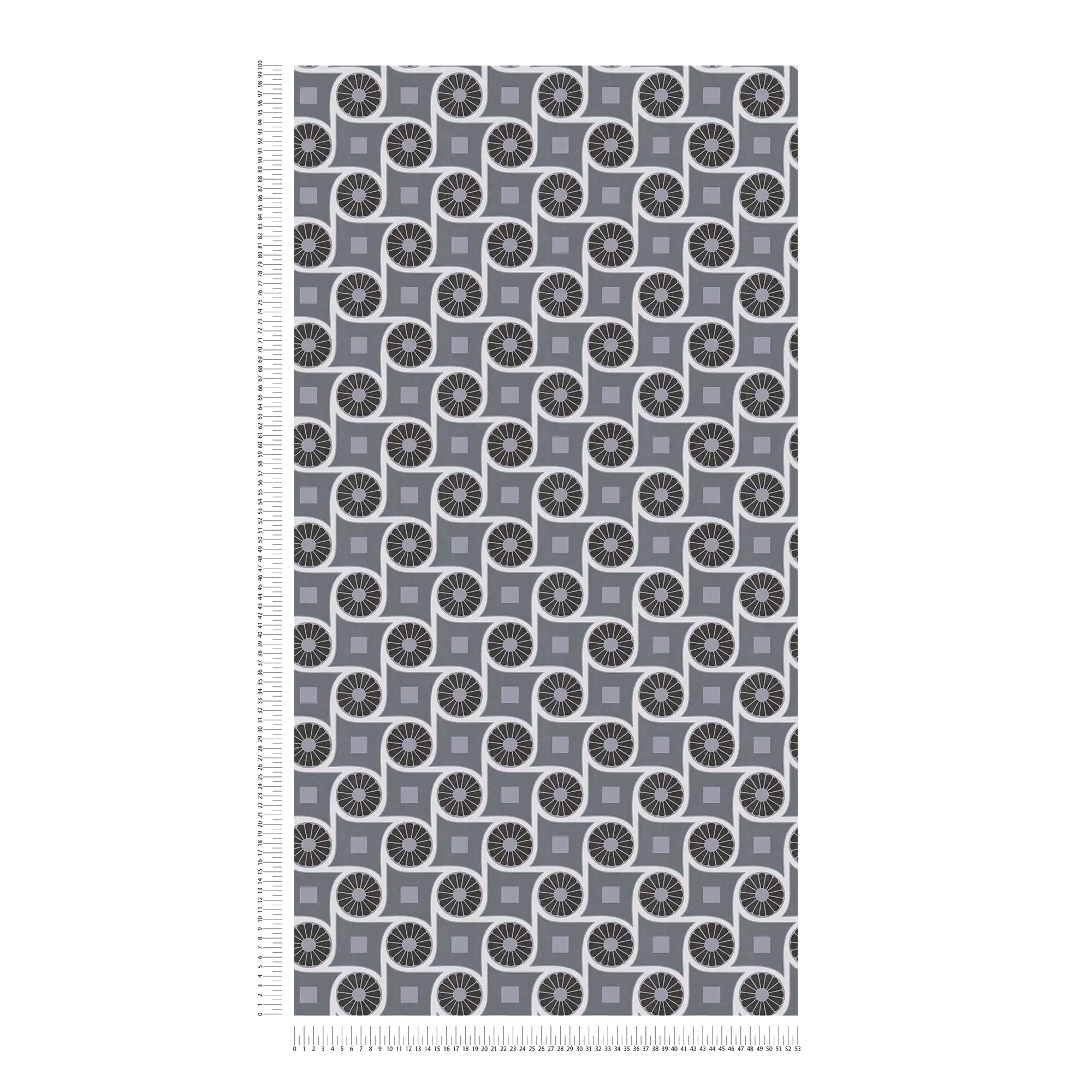             Papier peint style rétro avec motifs circulaires et carrés - gris, blanc, noir
        