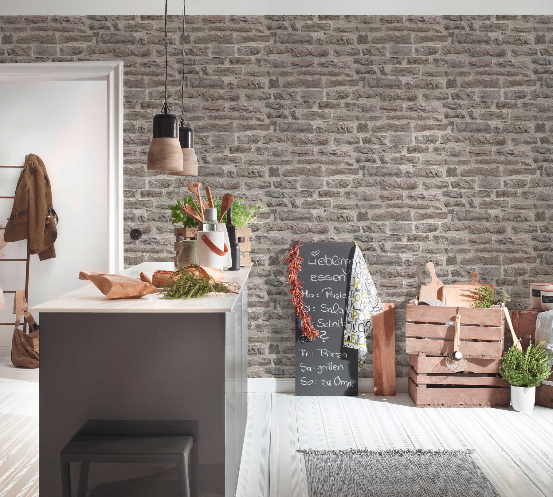             Nature stone wallpaper with realistic wall look - grey, brown
        