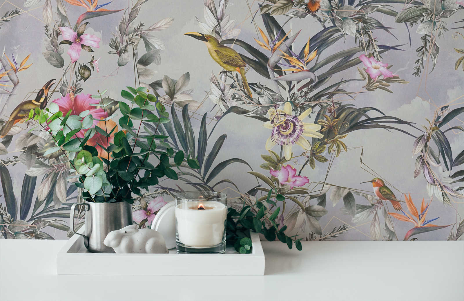             Flowers wallpaper exotic flowers & birds - grey, green, pink
        