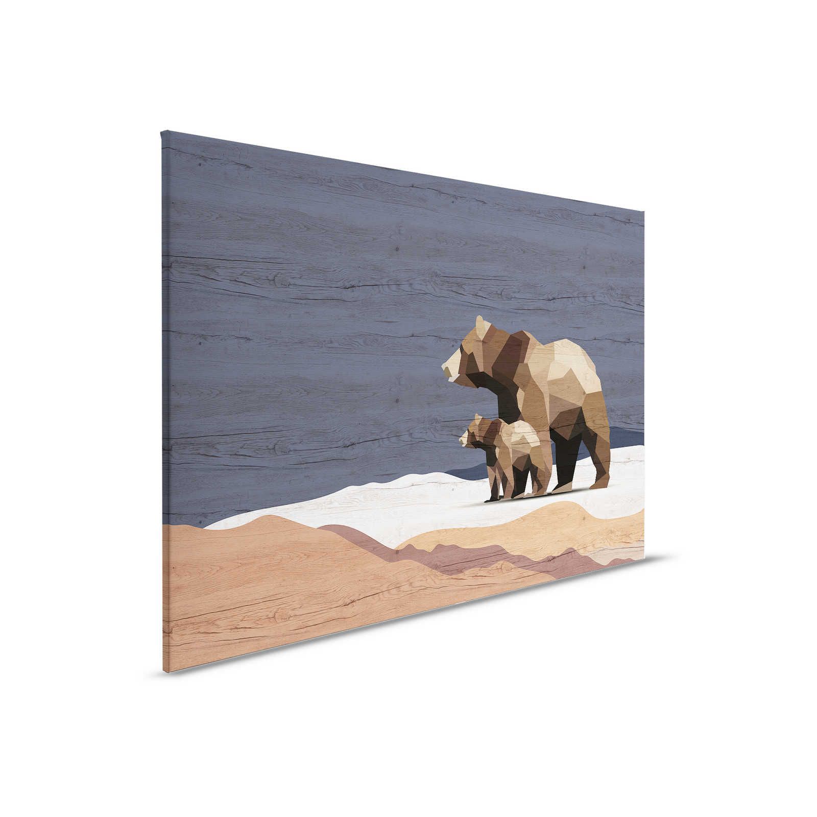 Yukon 3 - Cuadro en lienzo Familia de osos en diseño facetado y aspecto madera - 0,90 m x 0,60 m
