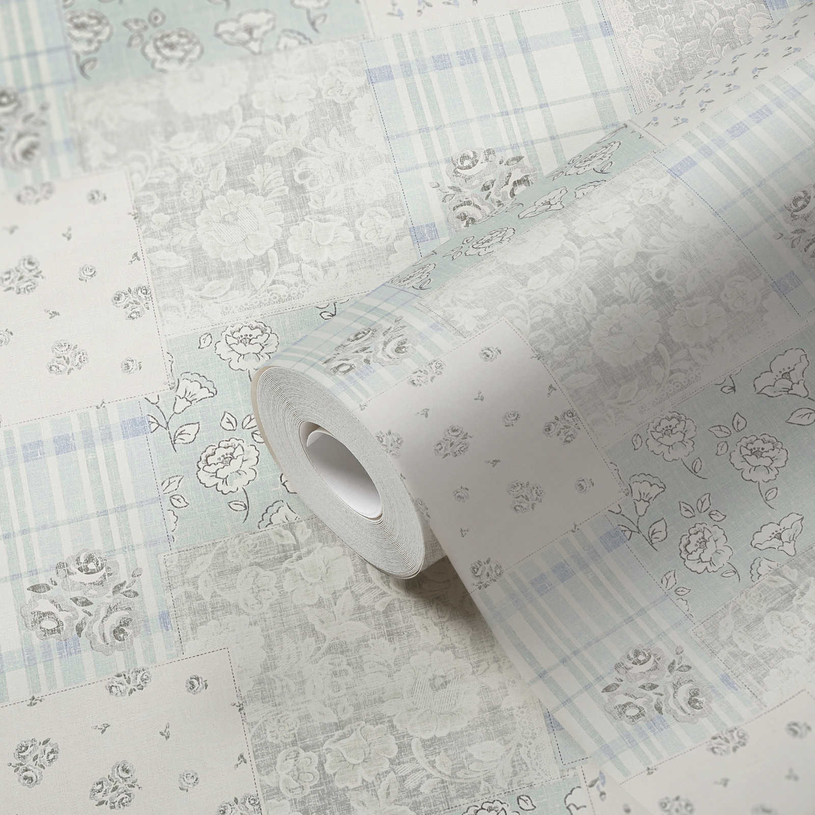             Non-woven wallpaper floral pattern and checkered country style - light blue, grey, white
        