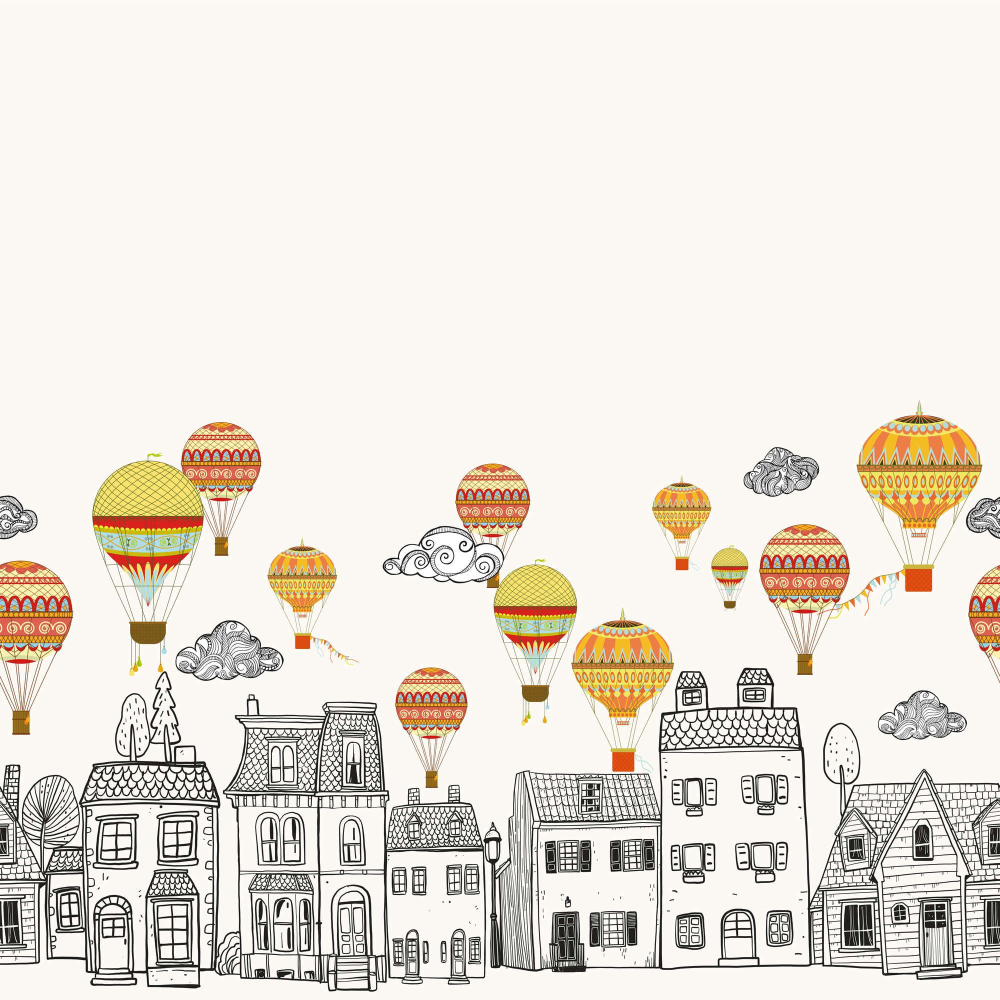             Papel pintado Pequeña ciudad con globos aerostáticos - Material sin tejer liso y ligero brillo
        