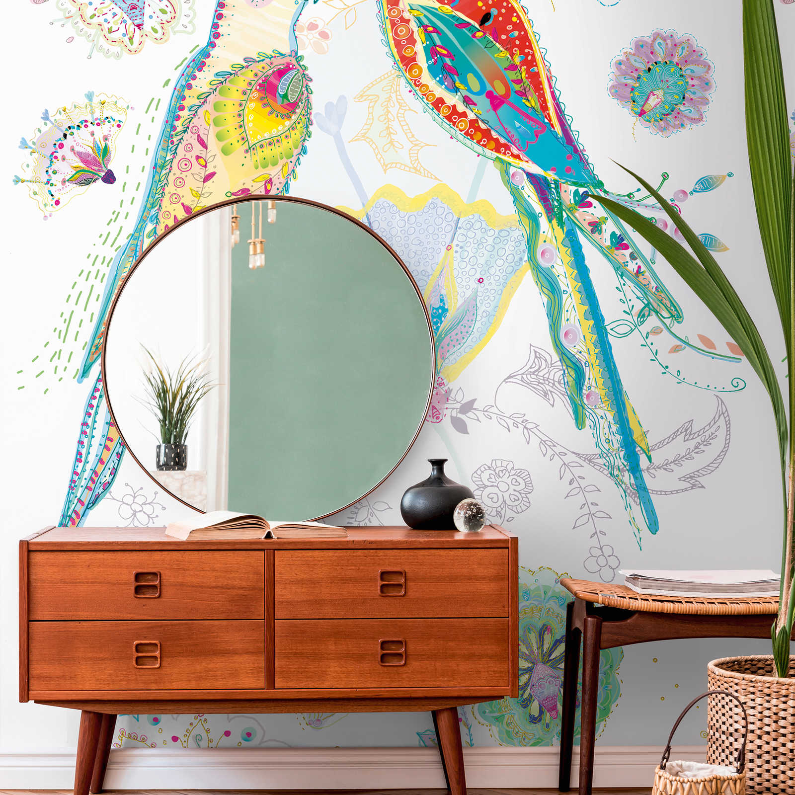 Papier peint intissé avec motif oiseaux et fleurs - beige, multicolore, vert, bleu, orange

