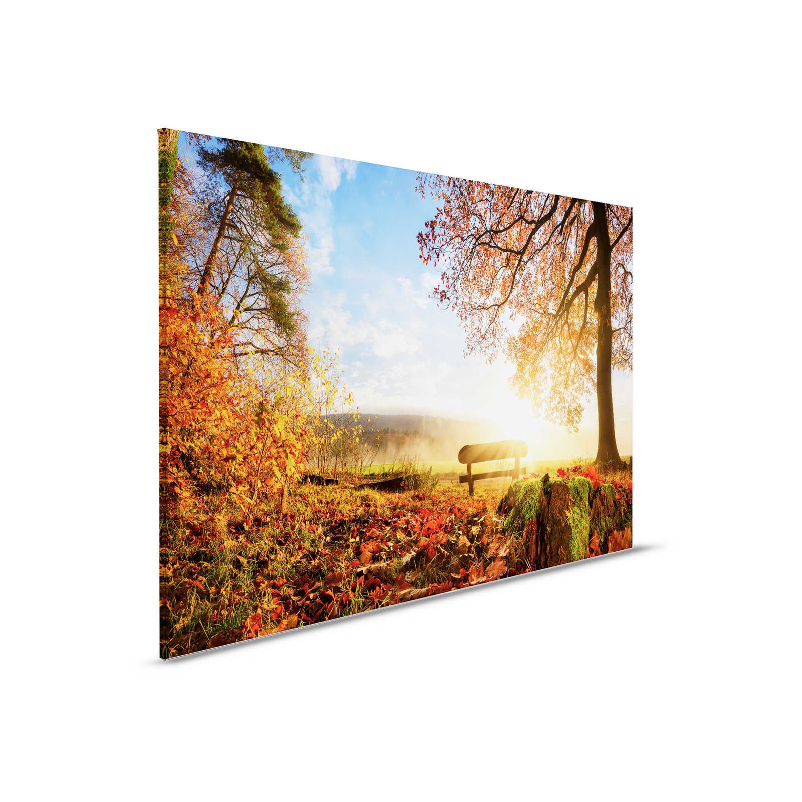 Canvas schilderij Bank in het bos op een herfstochtend - 0,90 m x 0,60 m
