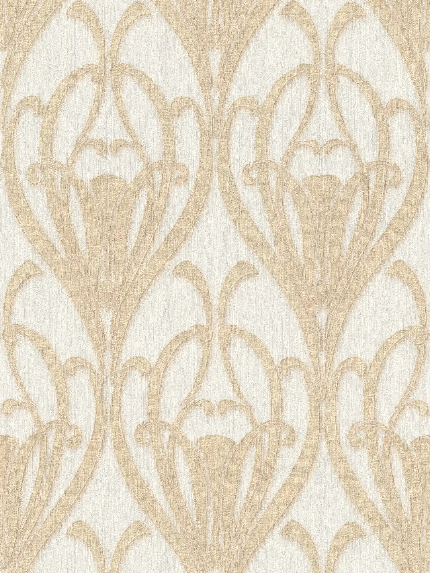 Papel pintado Art Deco con motivos dorados y estructura textil
