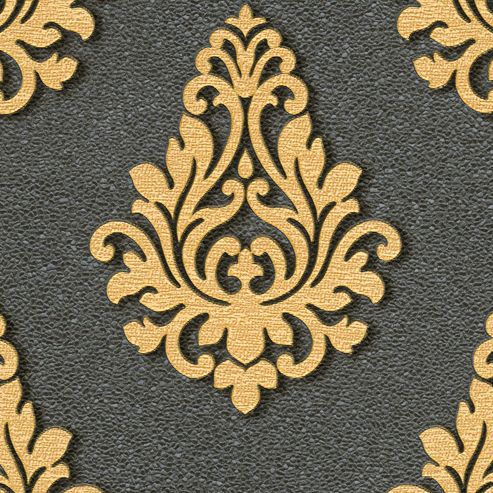             Ornamental wallpaper with metallic colours & texture effect - gold, black
        