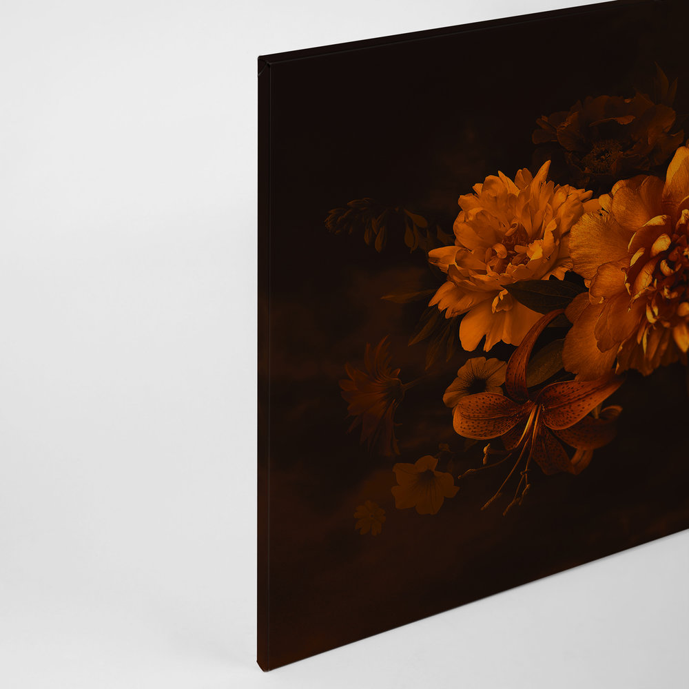             Toile avec bouquet de fleurs style botanique | orange noir - 0,90 m x 0,60 m
        
