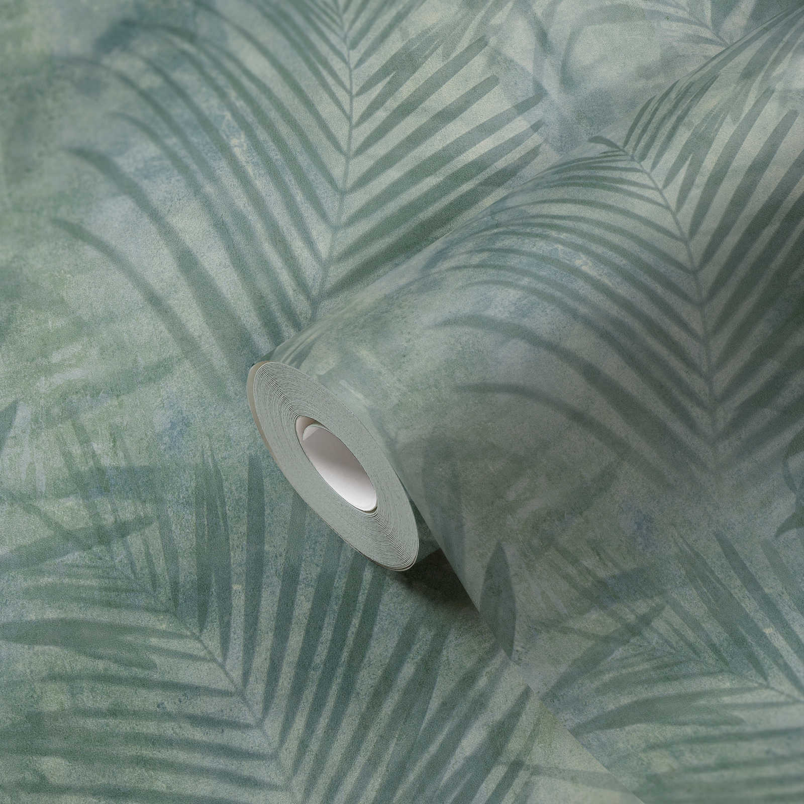             Wallpaper palm tree pattern in linen look - green, blue, grey
        