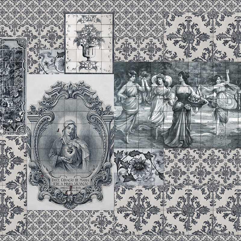 Azulejos 3 - Onderlaag behangtegels Collage Retro Stijl - Beige, Zwart | Parelmoer Glad Vlies
