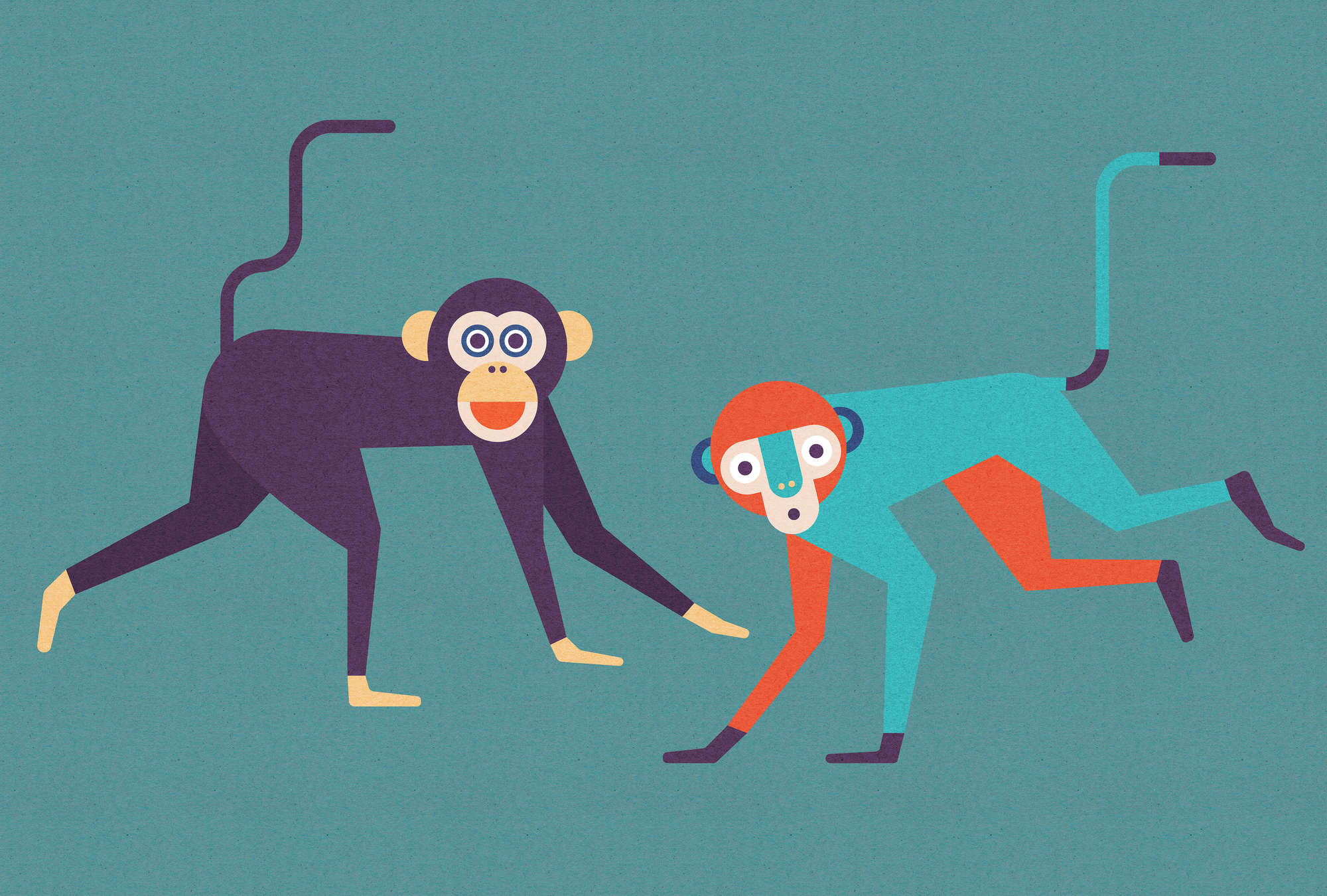             Monkey Busines 1 - Papel pintado en estructura de cartón, pandilla de monos en estilo cómic - Beige, Naranja | Vellón liso Premium
        