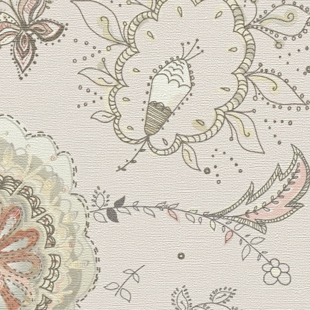             Carta da parati floreale con motivo floreale astratto e struttura fine - grigio, beige, rosso
        