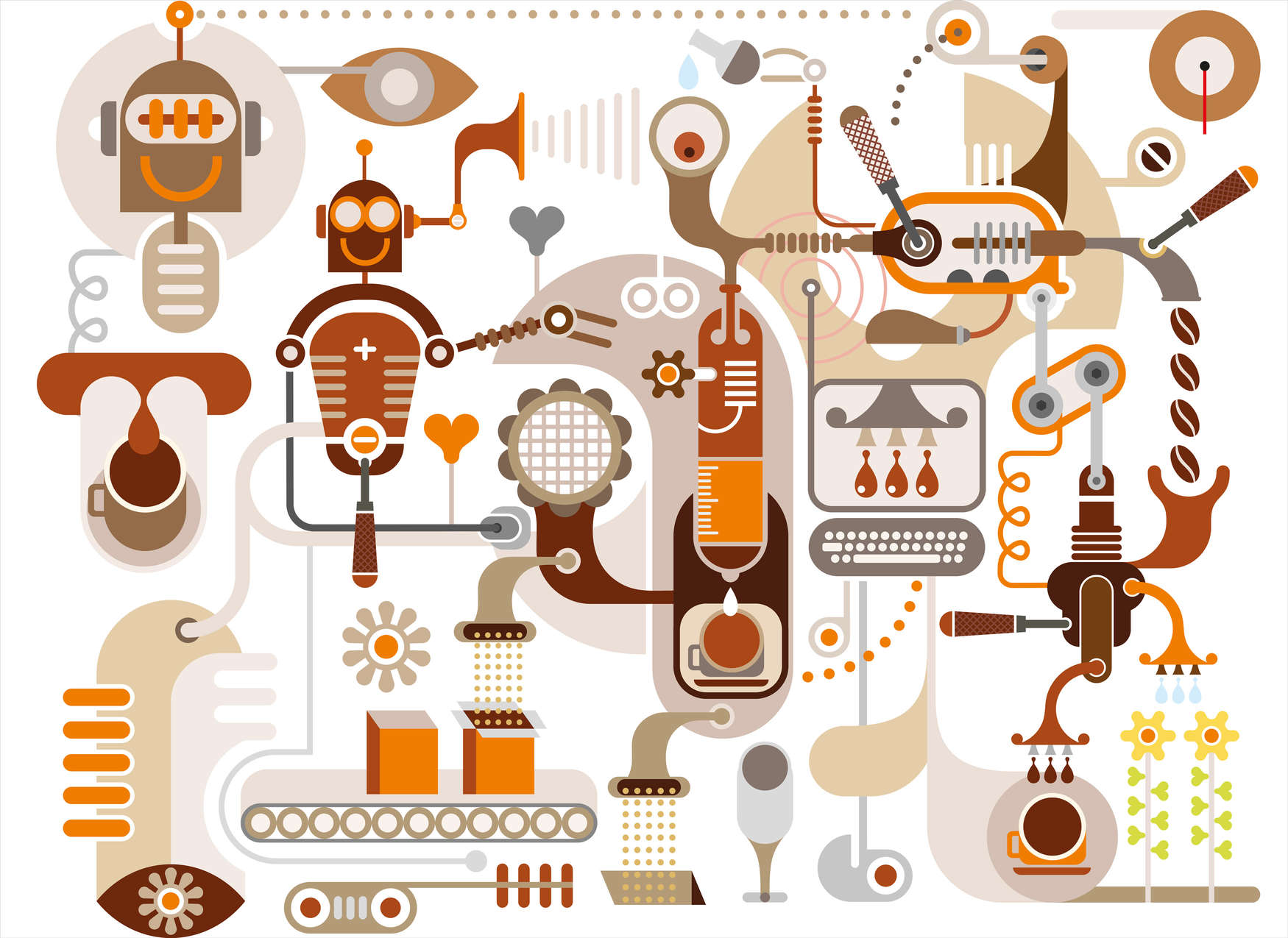             Papier peint panoramique Robots et machines pour la chambre d'enfant - marron, orange, blanc
        