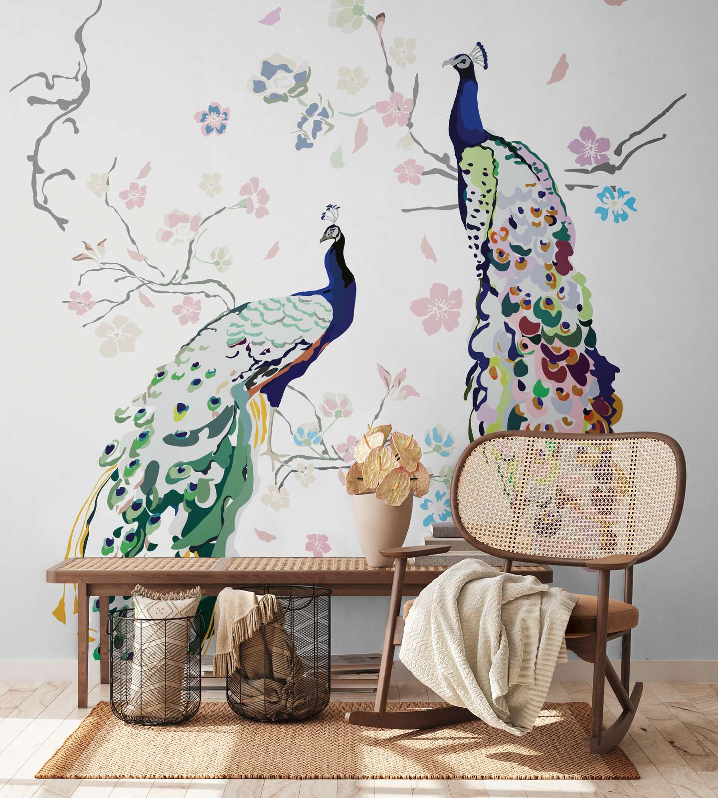             Non-woven wallpaper with peacock and flowers - white, colourful, blue, green, pink
        