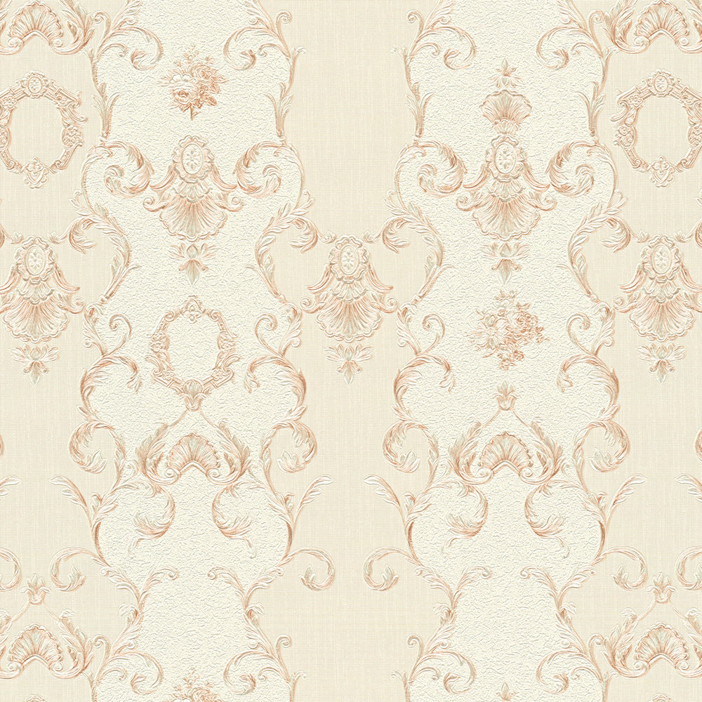             Neo-baroque wallpaper filigree ornaments - beige, cream, metallic
        