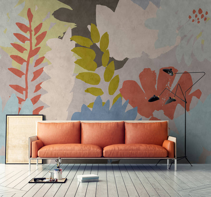             Floral Collage 3 - Abstract behang in vloeipapierstructuur met bladmotief - Blauw, Crème | Parelmoer glad vlies
        