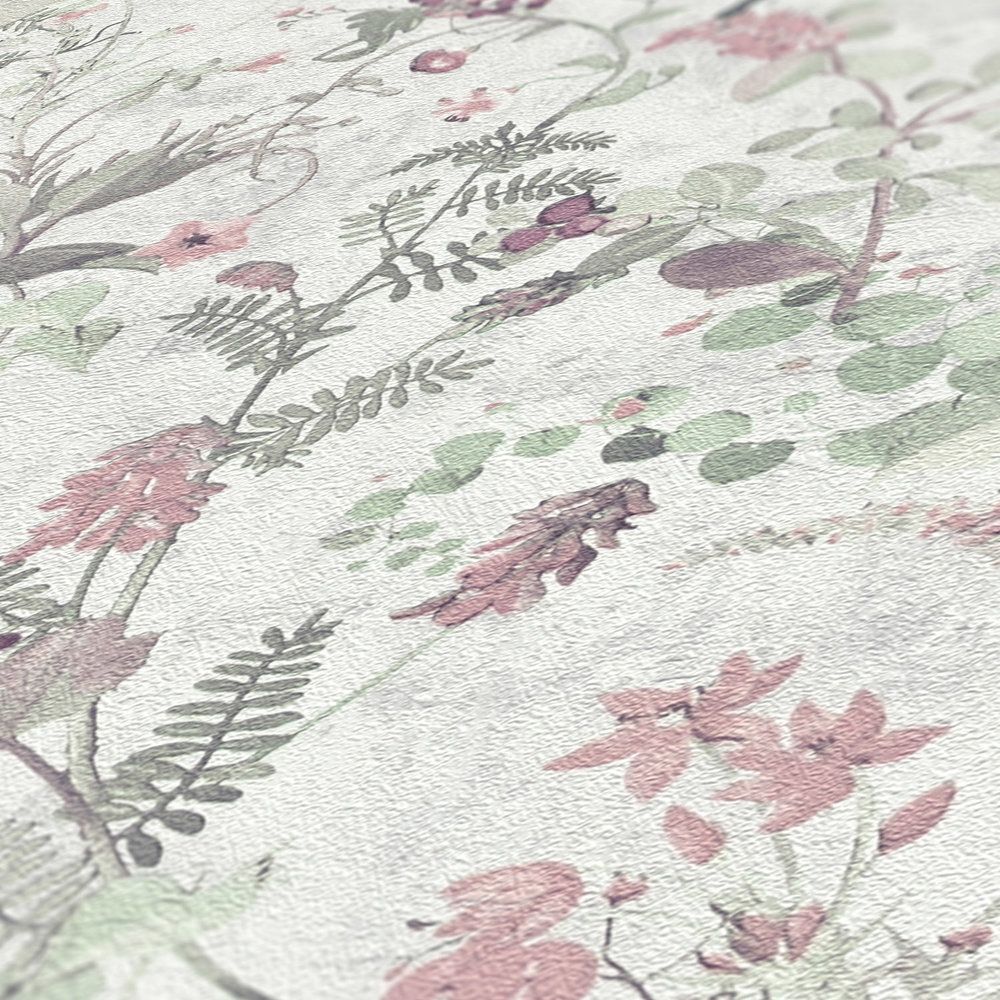             Natuurbehang met bloemenpatroon - grijs, groen, roze
        