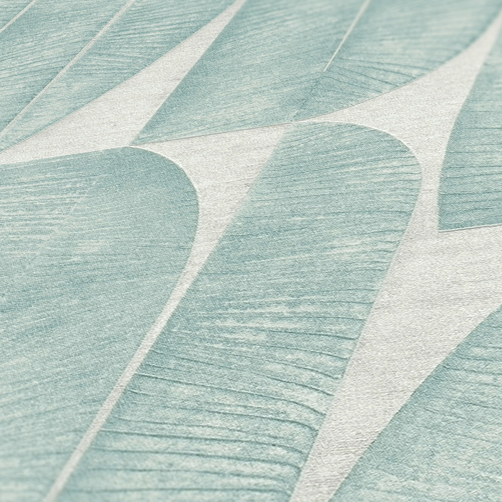             Papel pintado ligeramente texturizado con motivos geométricos de hojas - gris, azul, turquesa
        