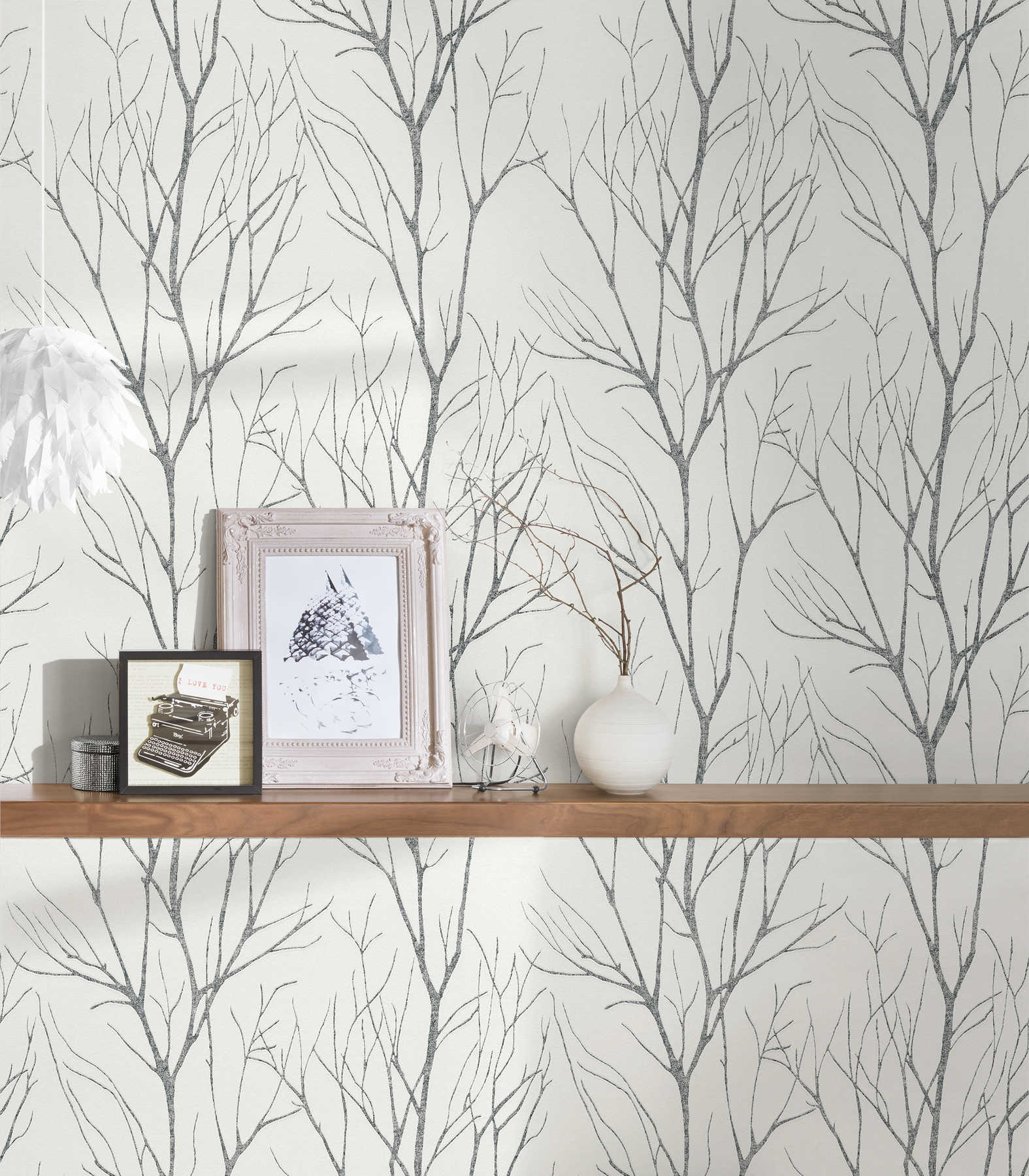             Non-woven wallpaper tree motif & metallic effect - grey, black, white
        